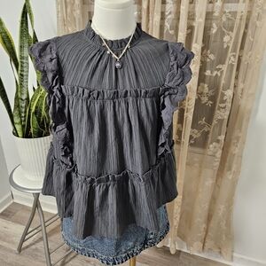 Chic Charcoal Ruffle Sleeve Blouse